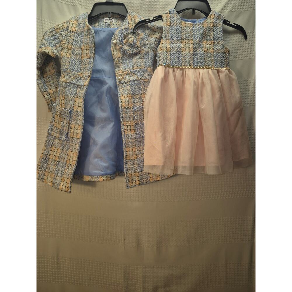 Blueberi Boulevard Coat & Dress Set Girl Size 5 Boucle Tweed Tulle Chiffon 7279